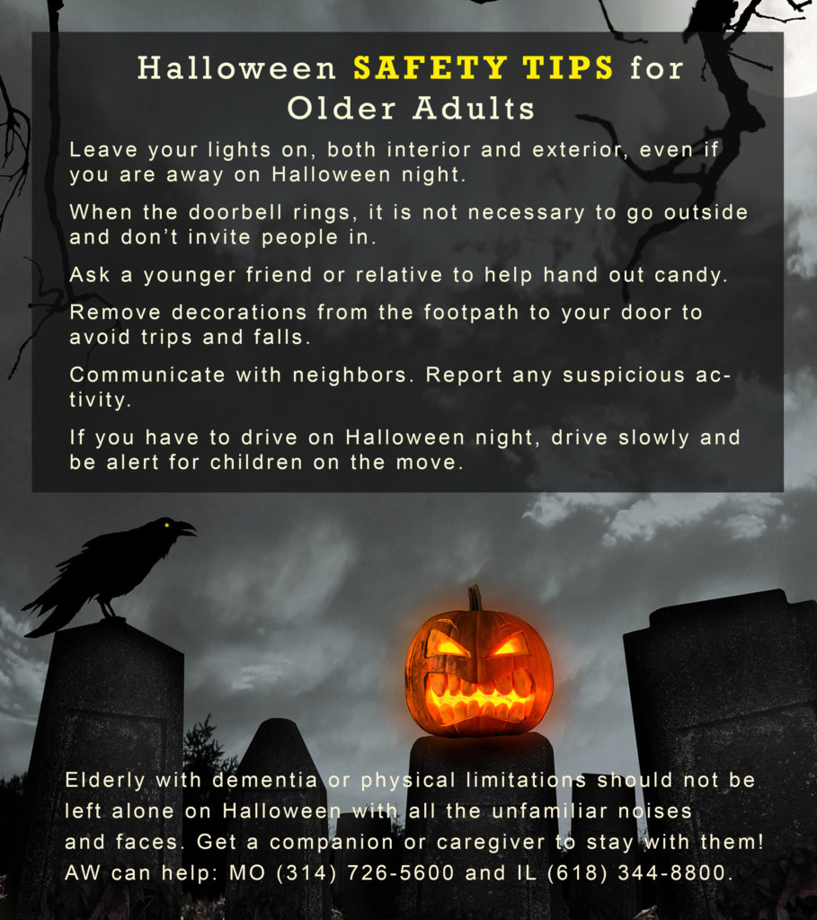 Halloween Safety Tips for Older Adults on spooky night-time background with grinning jack-o-lantern.