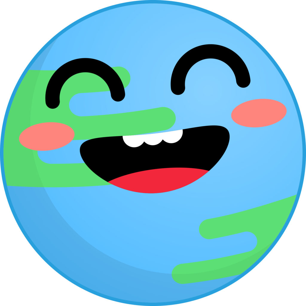 Smiling stylized blue and green earth globe.
