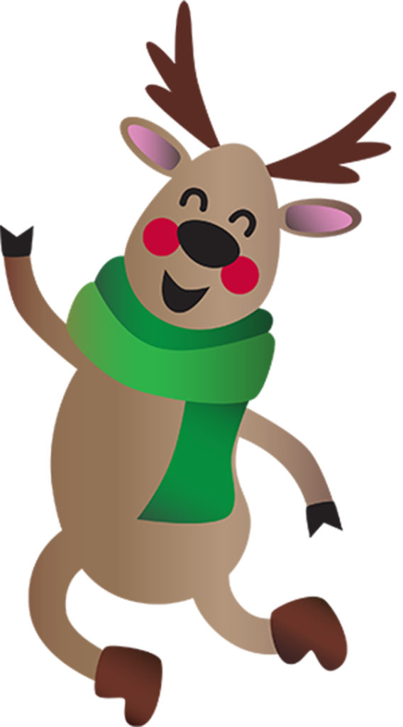 Dancing Reindeer wearing a green scarf and boots.