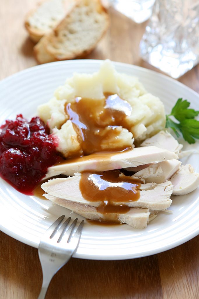 Delicious-looking turkey dinner plate.