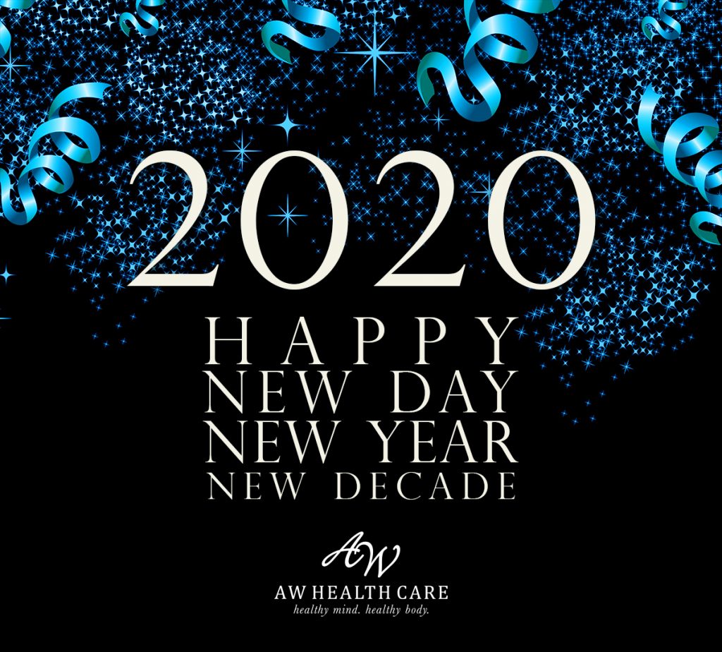 2020 Happy New Day, New Year, New Decade white lettering on deep blue background with blue fireworks.
