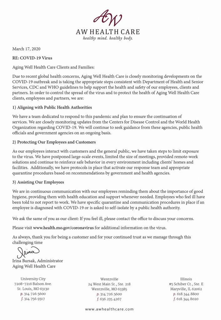 Corona Virus Letter 03 17 2020