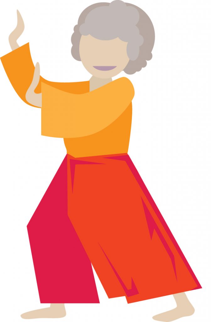Illustration of smiling senior woman in a Tai Chi standing pose.