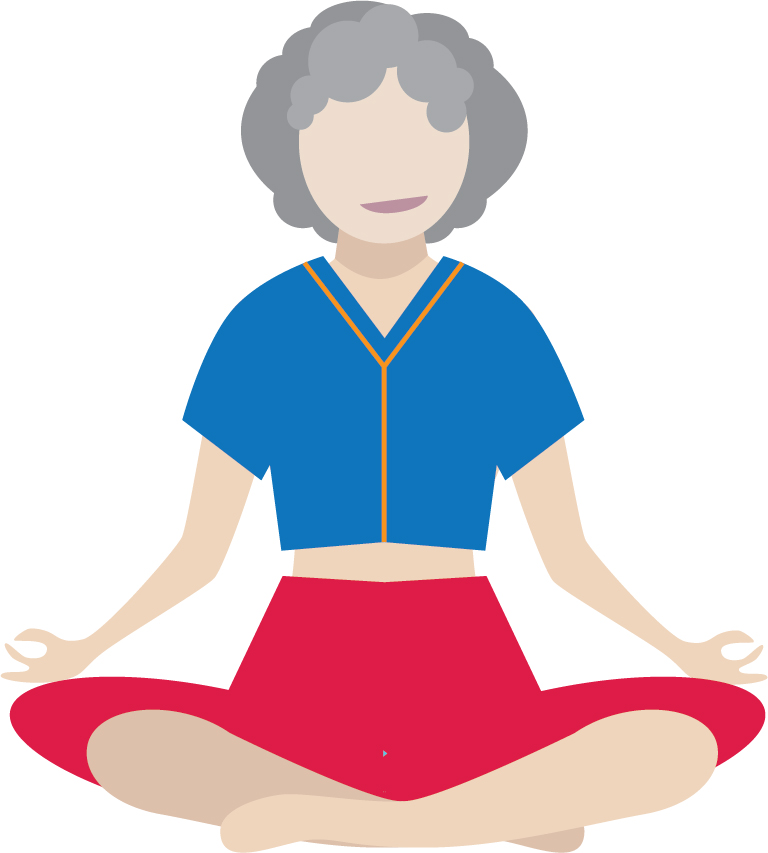 Illustration of smiling senior woman in seated yoga pose.