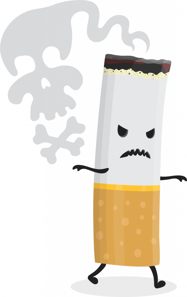 Graphic of evil cigarette butt frowning and walking in a puff of smoke.