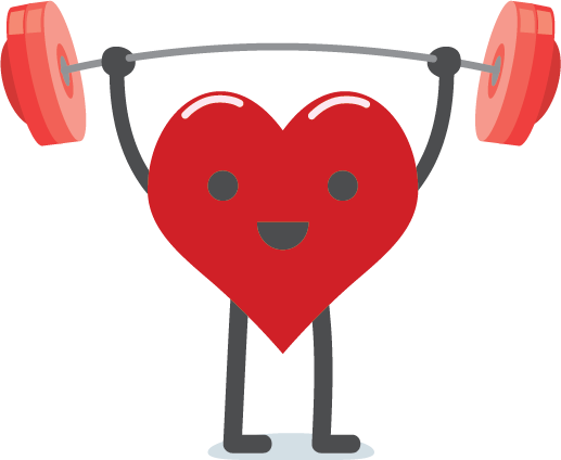 Graphic of smiling heart holding dumb bell weights.